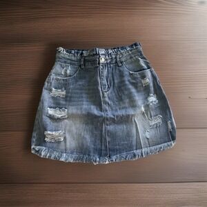 Hayden LA Denim L Jean Skirt Distressed Fray Hem Ruffle Waist Med Wash Boho NWT